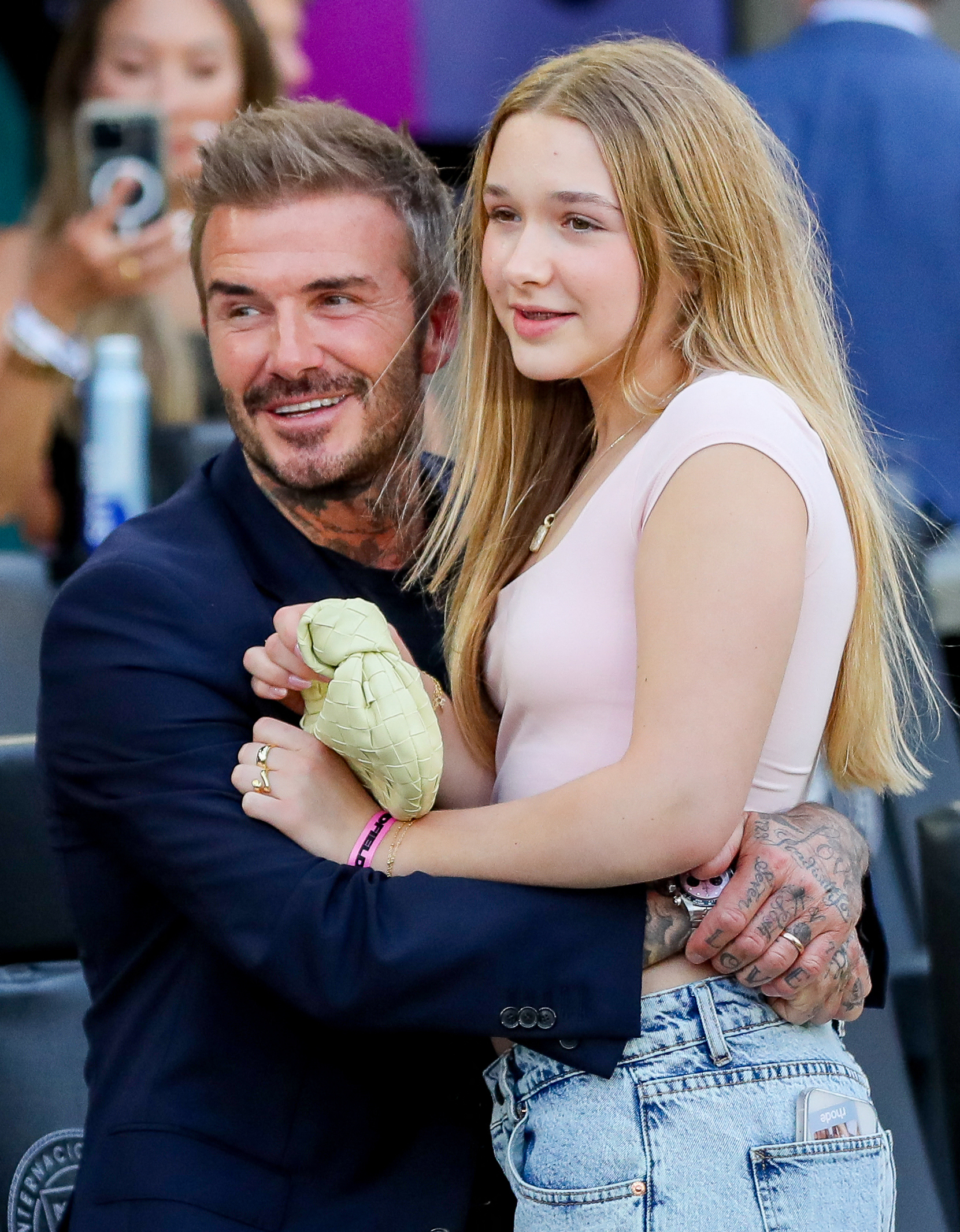 David and Harper Beckham during the Major League Soccer (MLS) regular season soccer match between Inter Miami CF and St. Louis CITY SC in Fort Lauderdale, Florida in June 1, 2024. | Source: Getty Images
