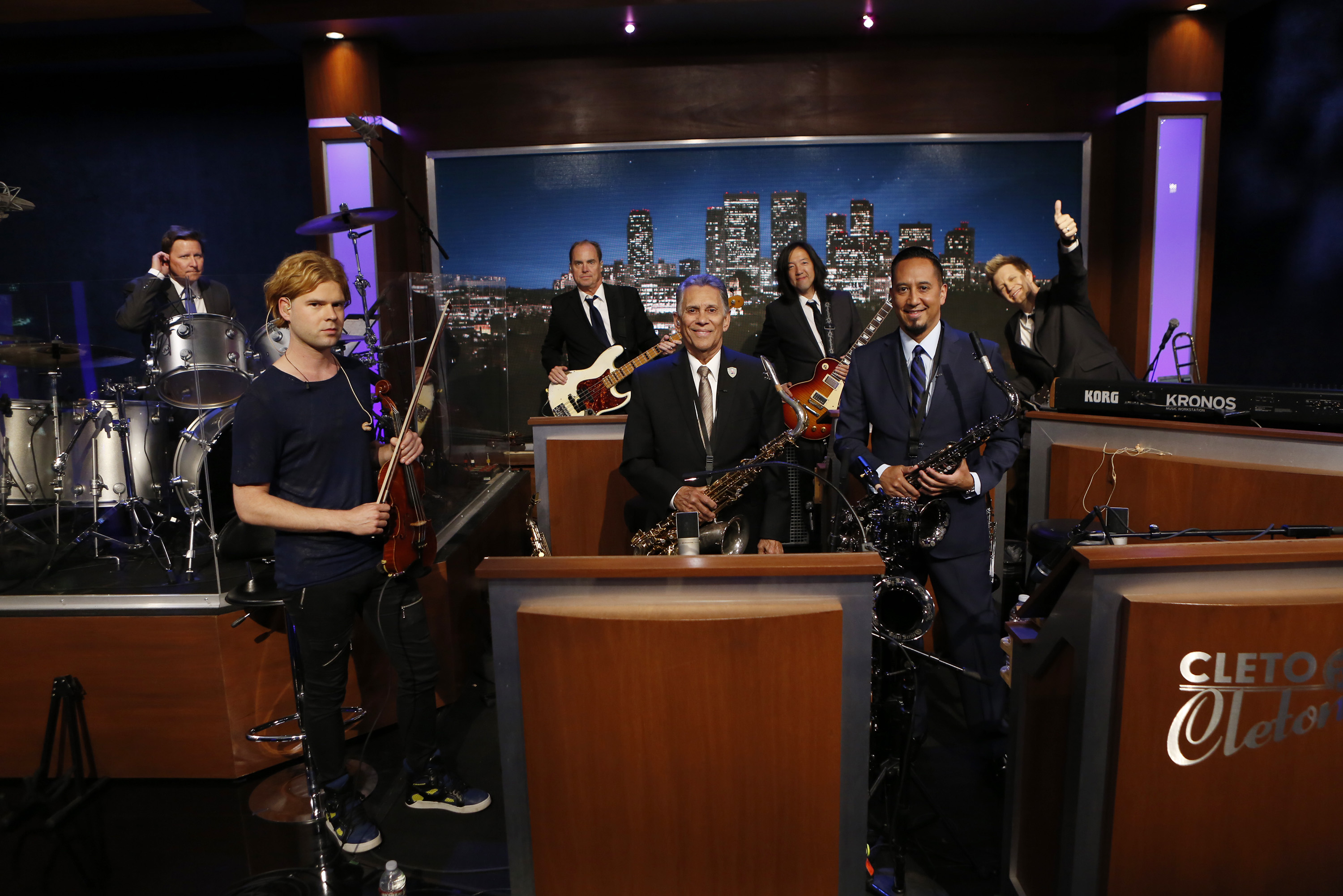 Jonathan Dresel, Peter Tickell, Jimmy Earl, Cleto Escobedo Sr., Toshi Yanagi, Cleto Escobedo III, and Jeff Babko on "Jimmy Kimmel Live!" on June 20, 2016 | Source: Getty Images
