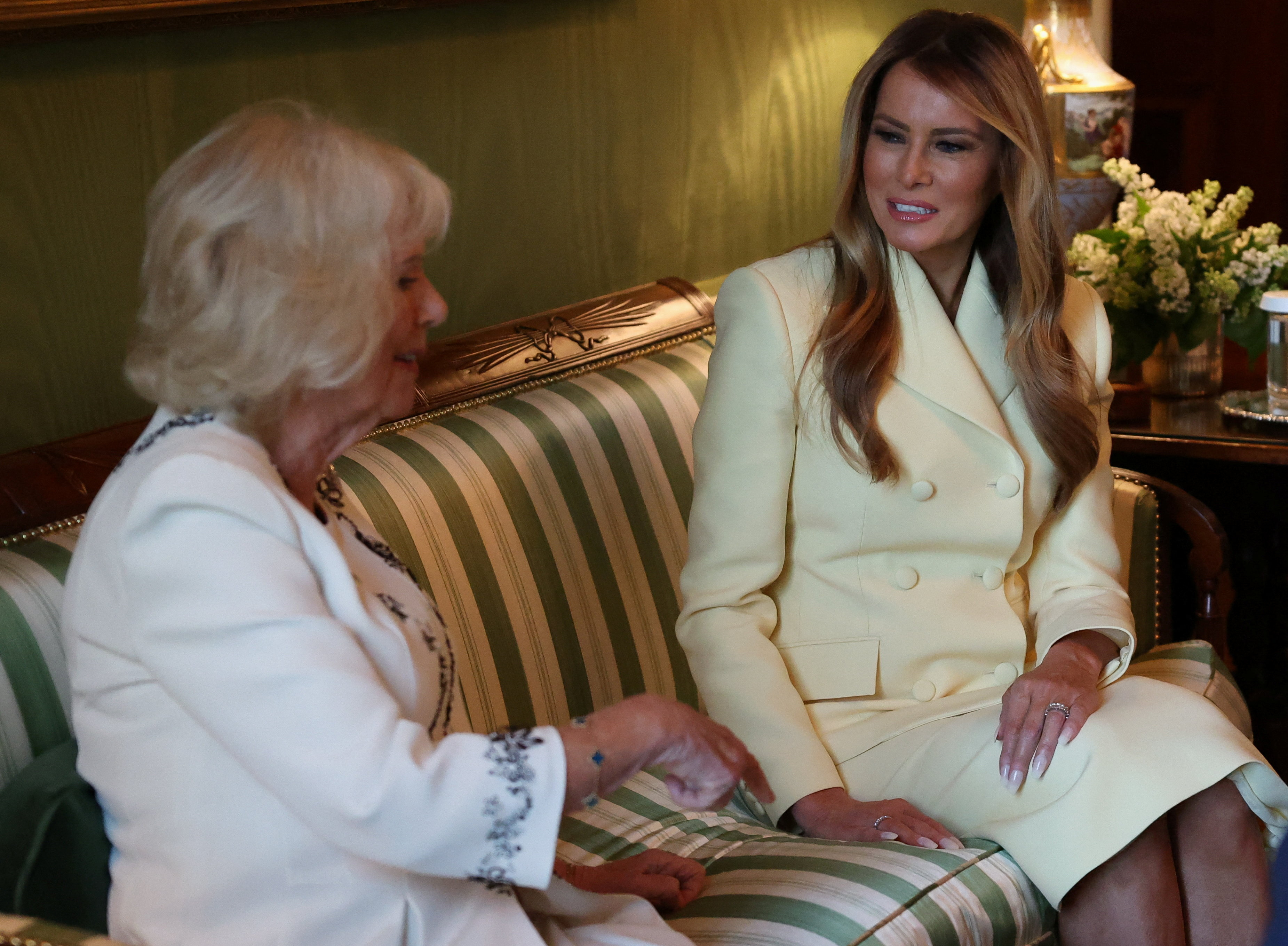 Melania Trump and Queen Camilla talk at the White House on day one of the state visit on April 27, 2026 in Washington, D.C. | Source: Getty Images