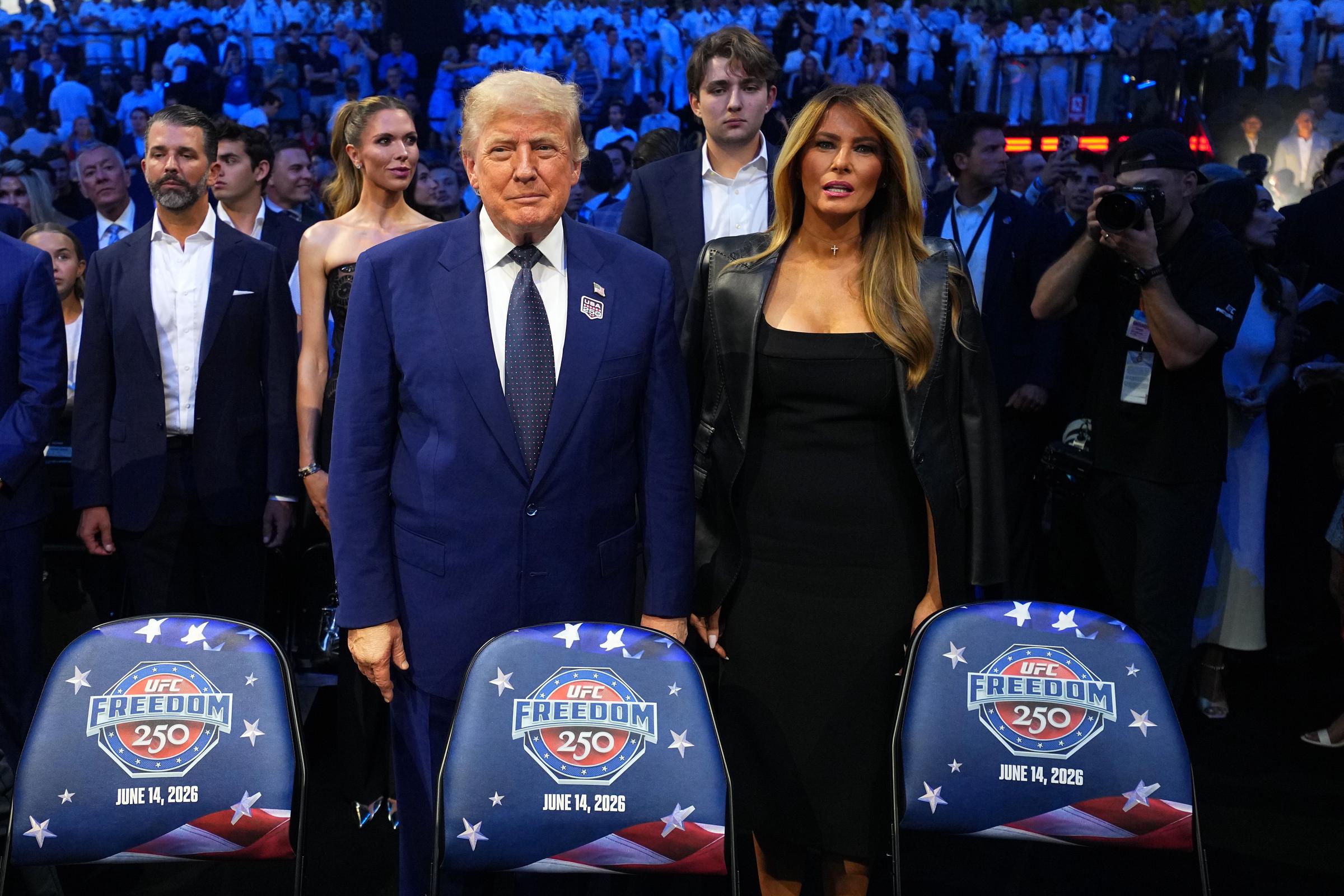 Donald, Melania, and Barron Trump at the UFC Freedom 250 event on the South Lawn at the White House in Washington, D.C., on June 14, 2026. | Source: Getty Images