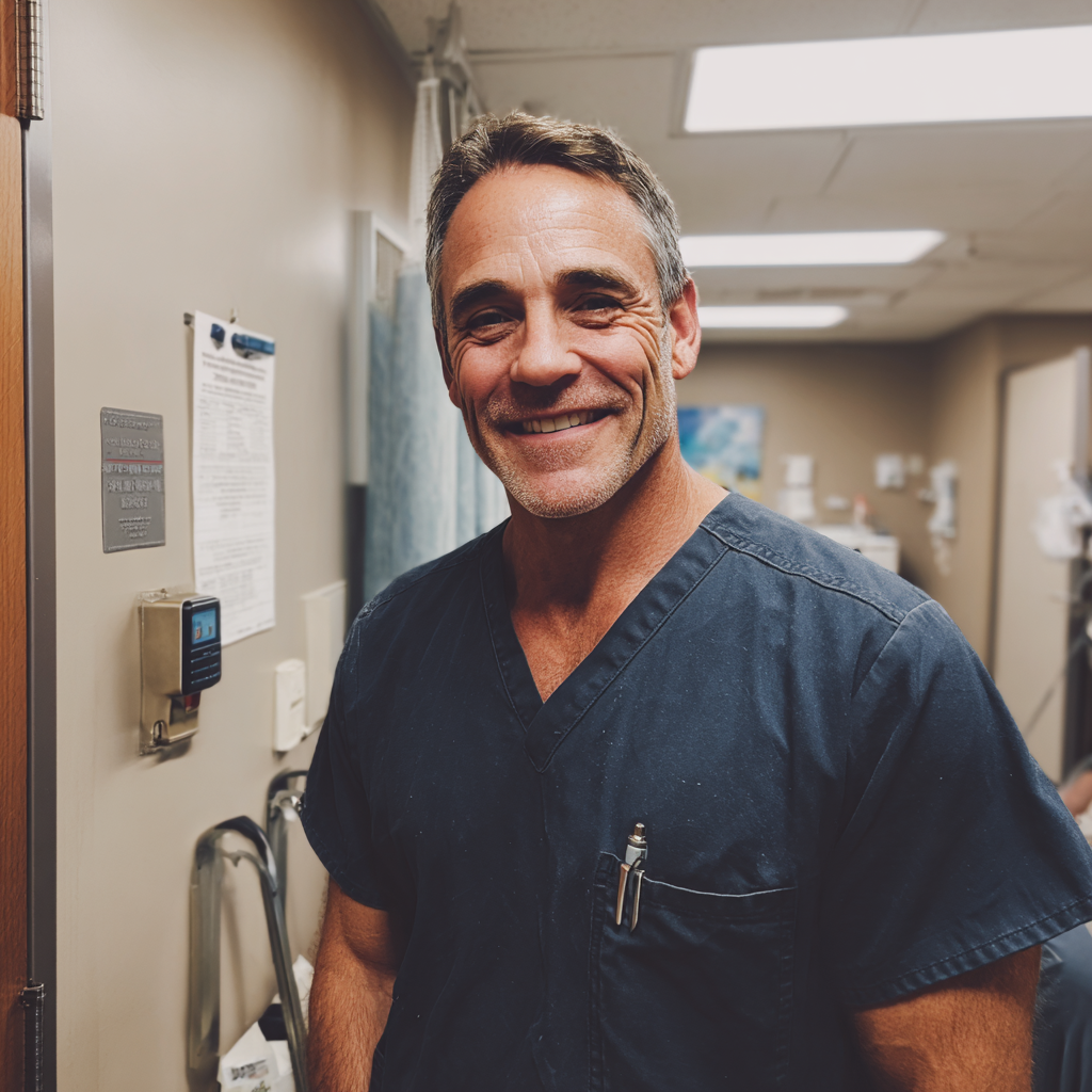 A smiling doctor wearing scrubs | Source: Midjourney