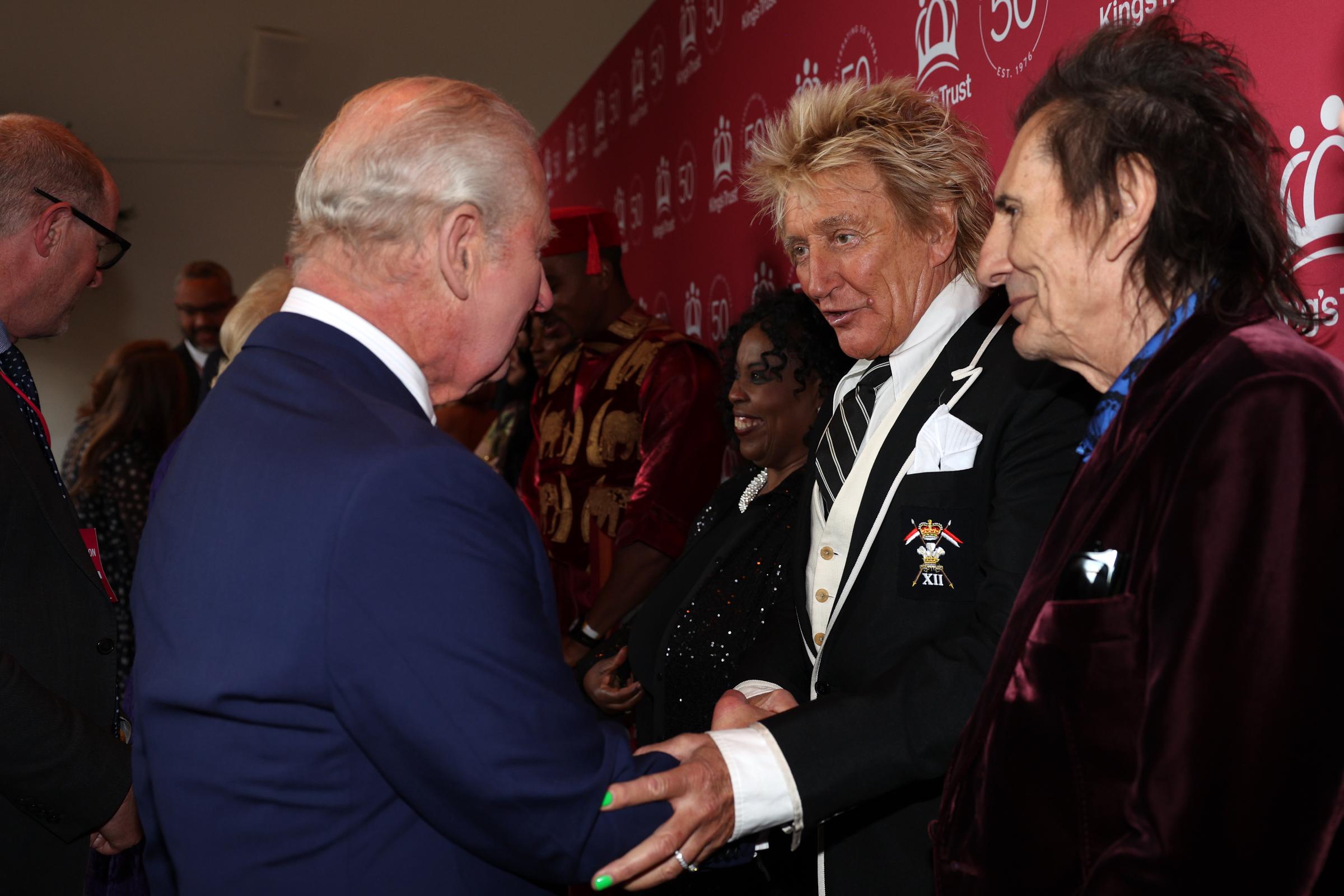 King Charles III, Rod Stewart, and Ronnie Wood at A King's Trust 50th Anniversary Celebration in London, England on May 11, 2026. | Source: Getty Images