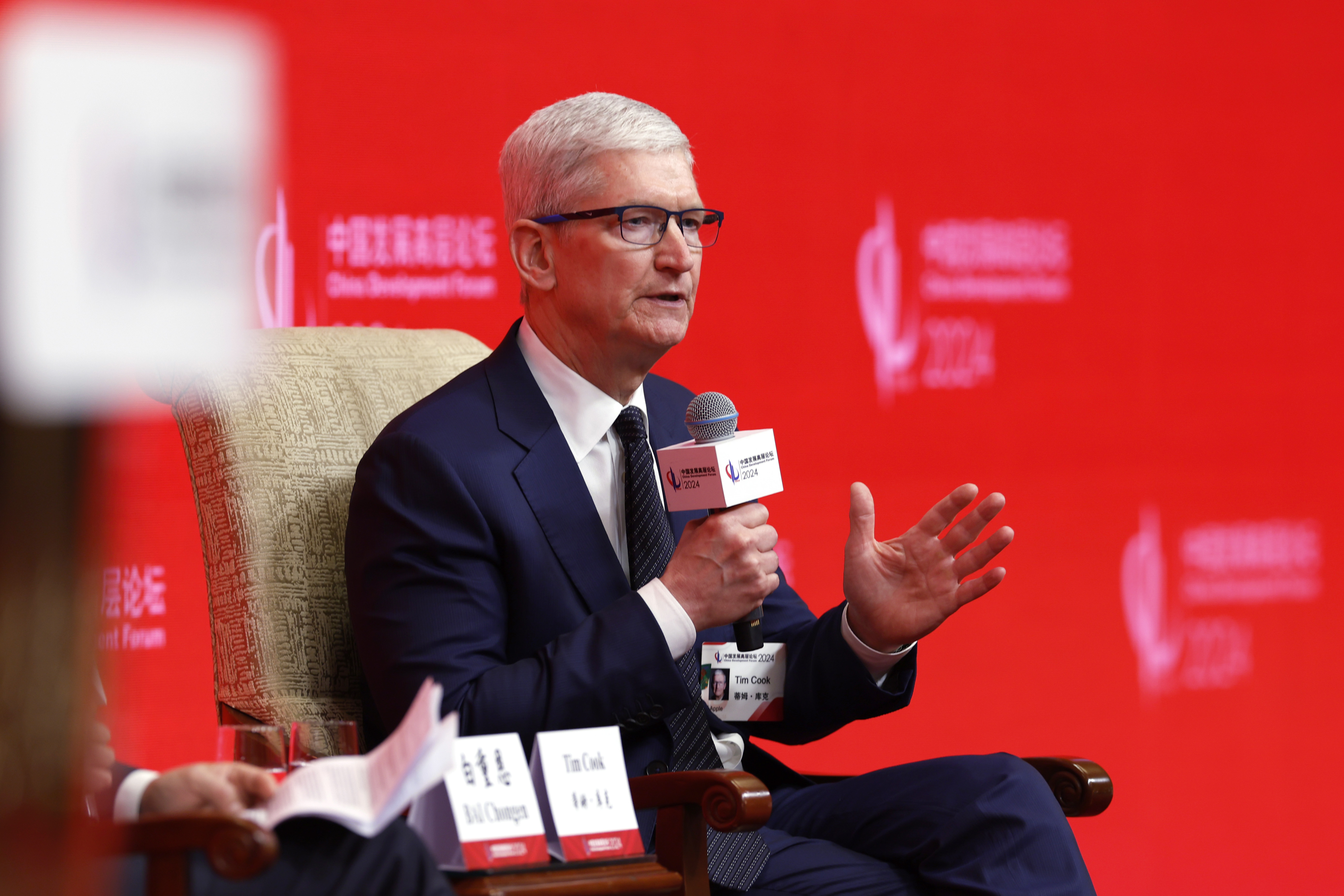 Tim Cook speaks during the China Development Forum at the Diaoyutai State Guesthouse on March 24, 2024 in Beijing, China | Source: Getty Images