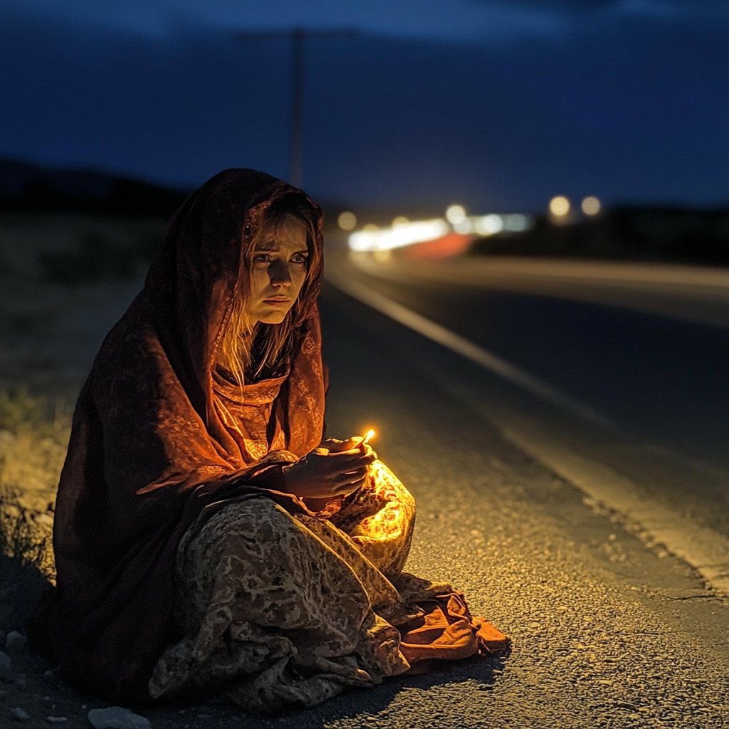 A scared woman on the side of the road | Source: Midjourney