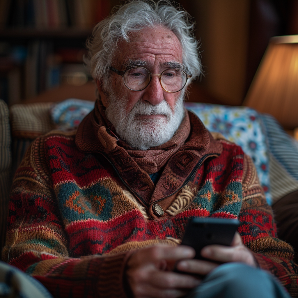 A heartbroken grandfather texting on his phone | Source: Midjourney