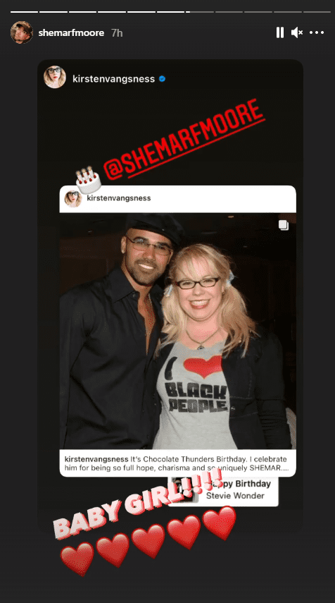 Actress Kirsten Vangsness wishing actor Shemar Moore a happy birthday via an Instagram story. | Source: Instagram/shemarfmoore
