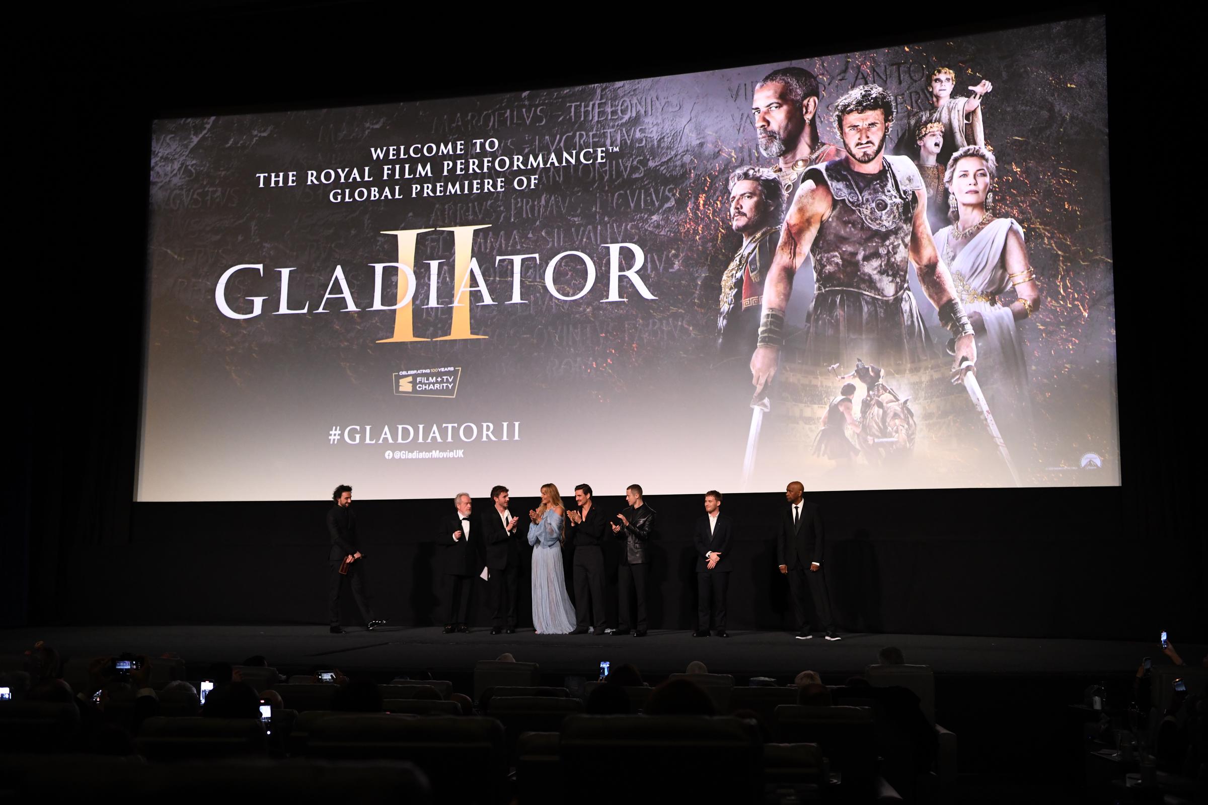 Ridley Scott, Paul Mescal, Connie Nielsen, Pedro Pascal, Joseph Quinn, Fred Hechinger, and Denzel Washington attend the Royal Film Performance and Global Premiere of "Gladiator II" at Odeon Luxe Leicester Square in London, England, on November 13, 2024 | Source: Getty Images