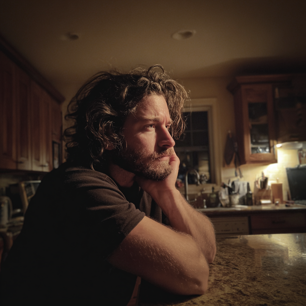 A frowning man sitting at a kitchen counter | Source: Midjourney