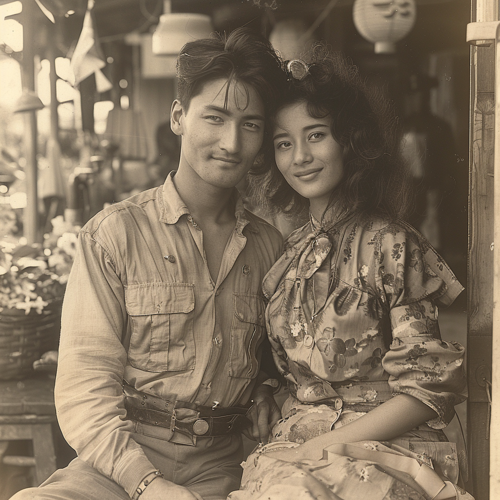 Old photo of young English woman and Asian man | Source: Midjourney