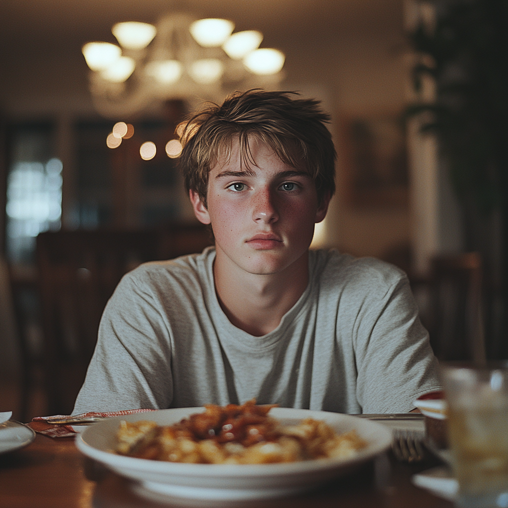 A boy looking ahead at the dinner table | Source: Midjourney