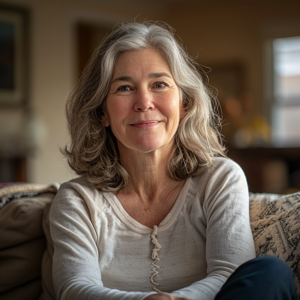 A smiling middle-aged woman sitting on a sofa | Source: Midjourney