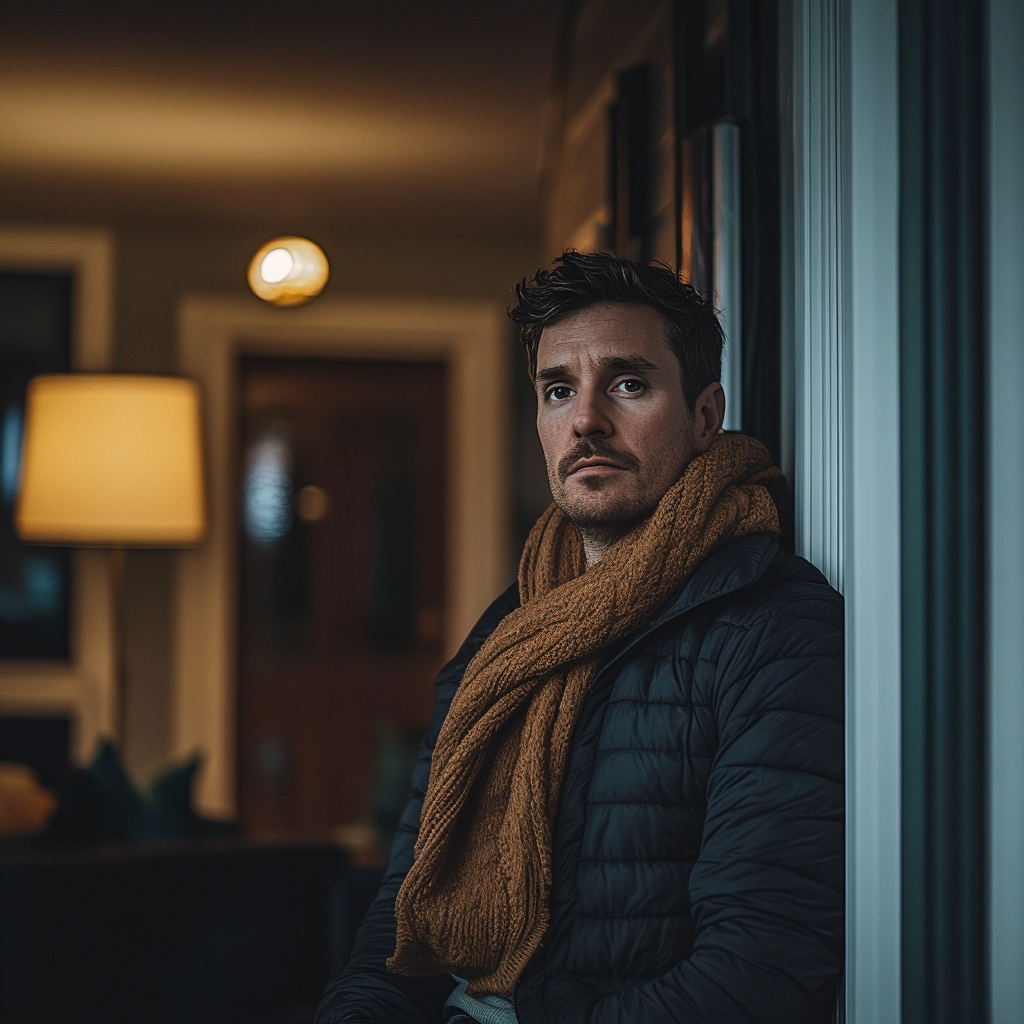 A man standing at the front door of his house and looking at someone | Source: Midjourney