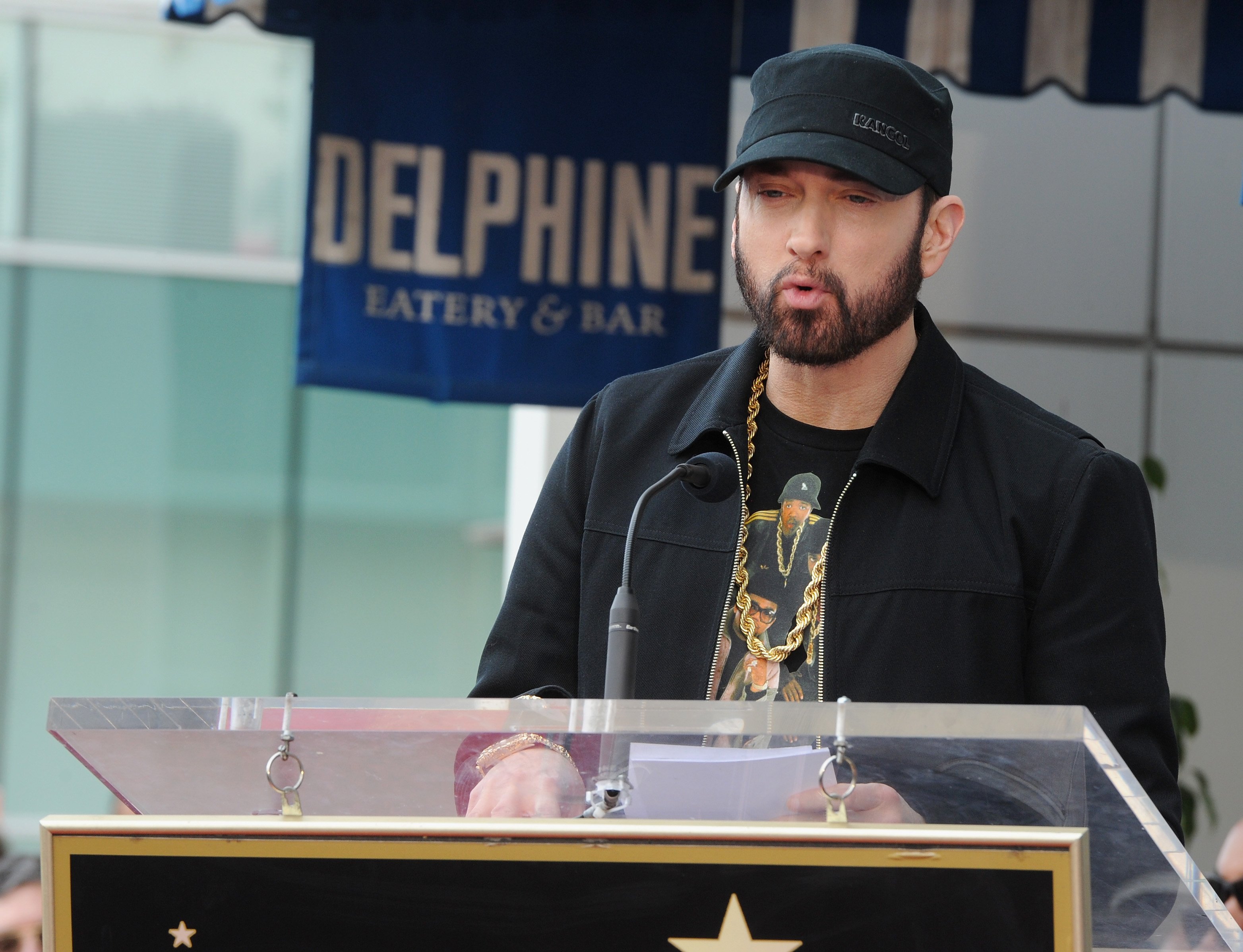 Eminem attends a ceremony honoring Curtis "50 Cent" Jackson with a star on the Hollywood Walk of Fame on January 30, 2020 in Hollywood, California. | Source: Getty Images