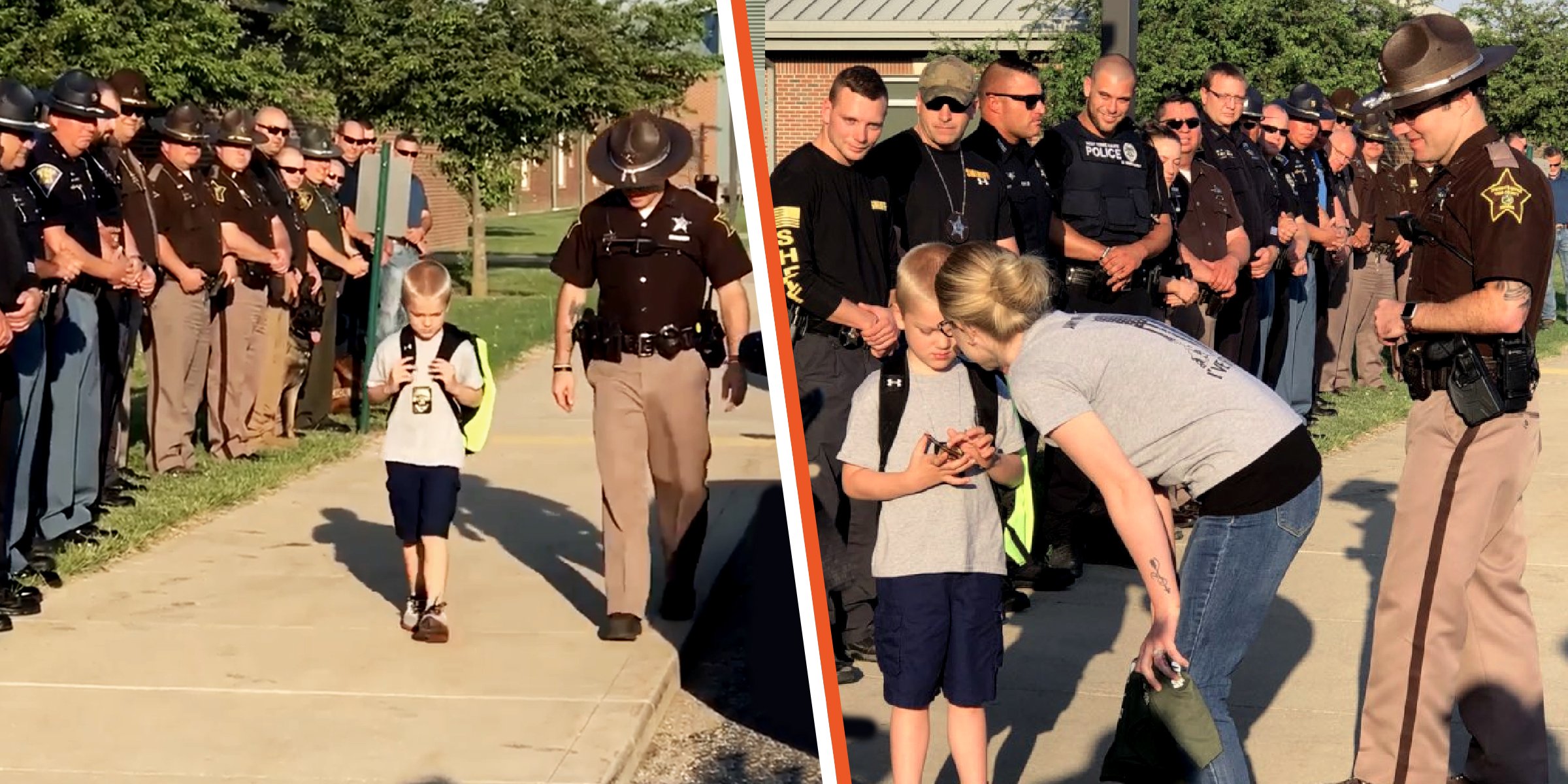 Dakota Pitts camina a la escuela | Dakota Pitts rodeada de su mamá y policías | Foto: facebook.com/tribstar | twitter.com/KileyThomasNews