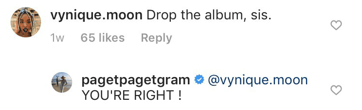 A fan asking her to release an album | Instagram: pagetpagetgram