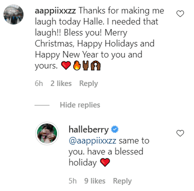 A fan's comment and Halle Berry's reply on her post of elves on the shelf | Photo: Instagram/Halleberry
