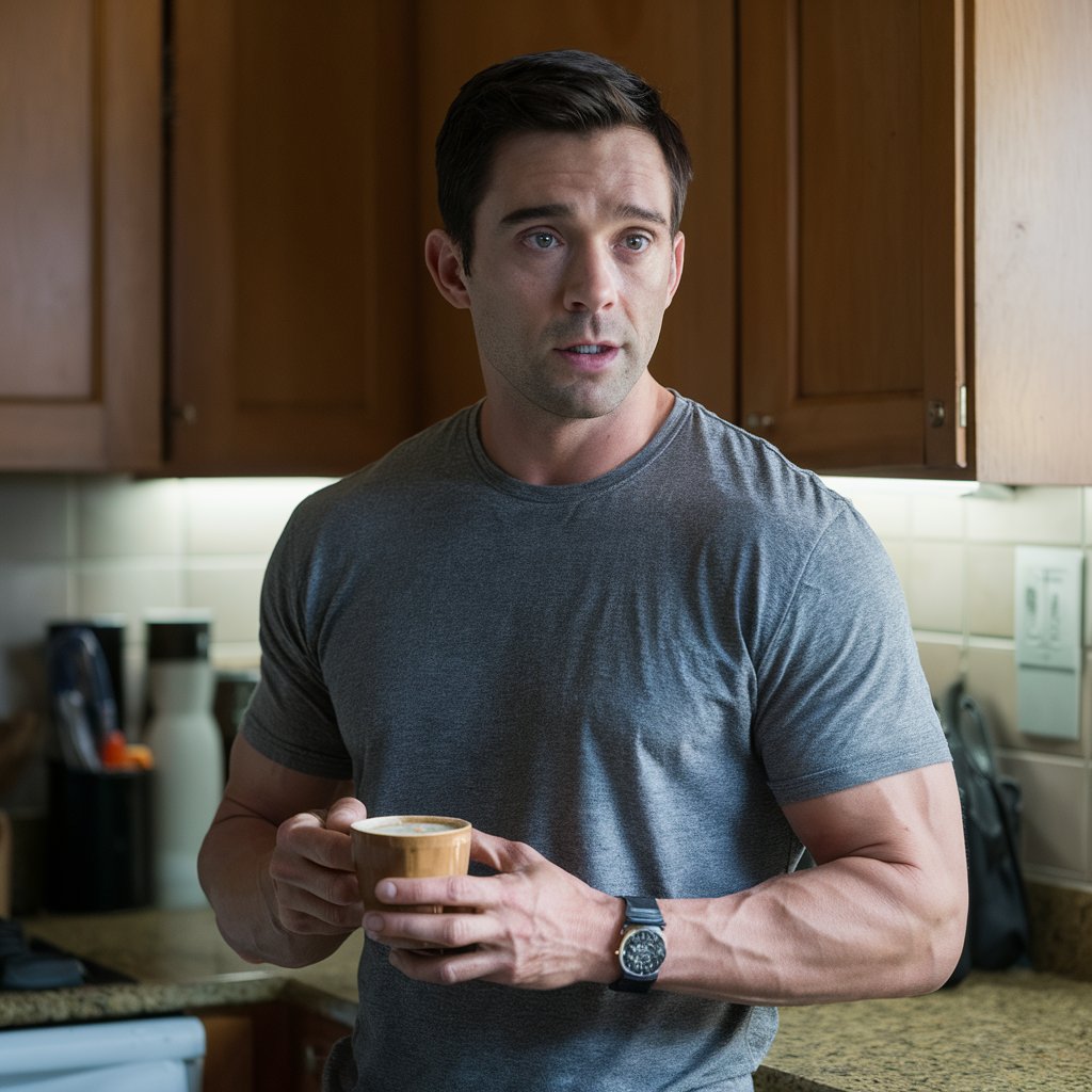 A nervous-looking man holding a cup of coffee in a kitchen | Source: Midjourney