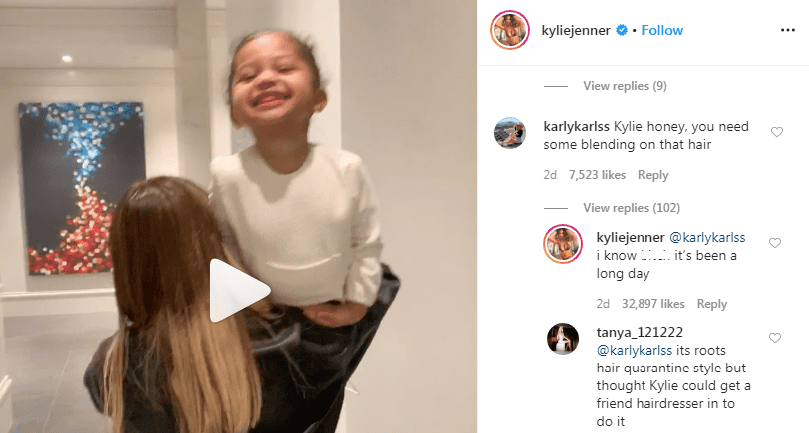 Kylie Jenner responds to a comment made by a follower regarding her hair colour during self-isolation.