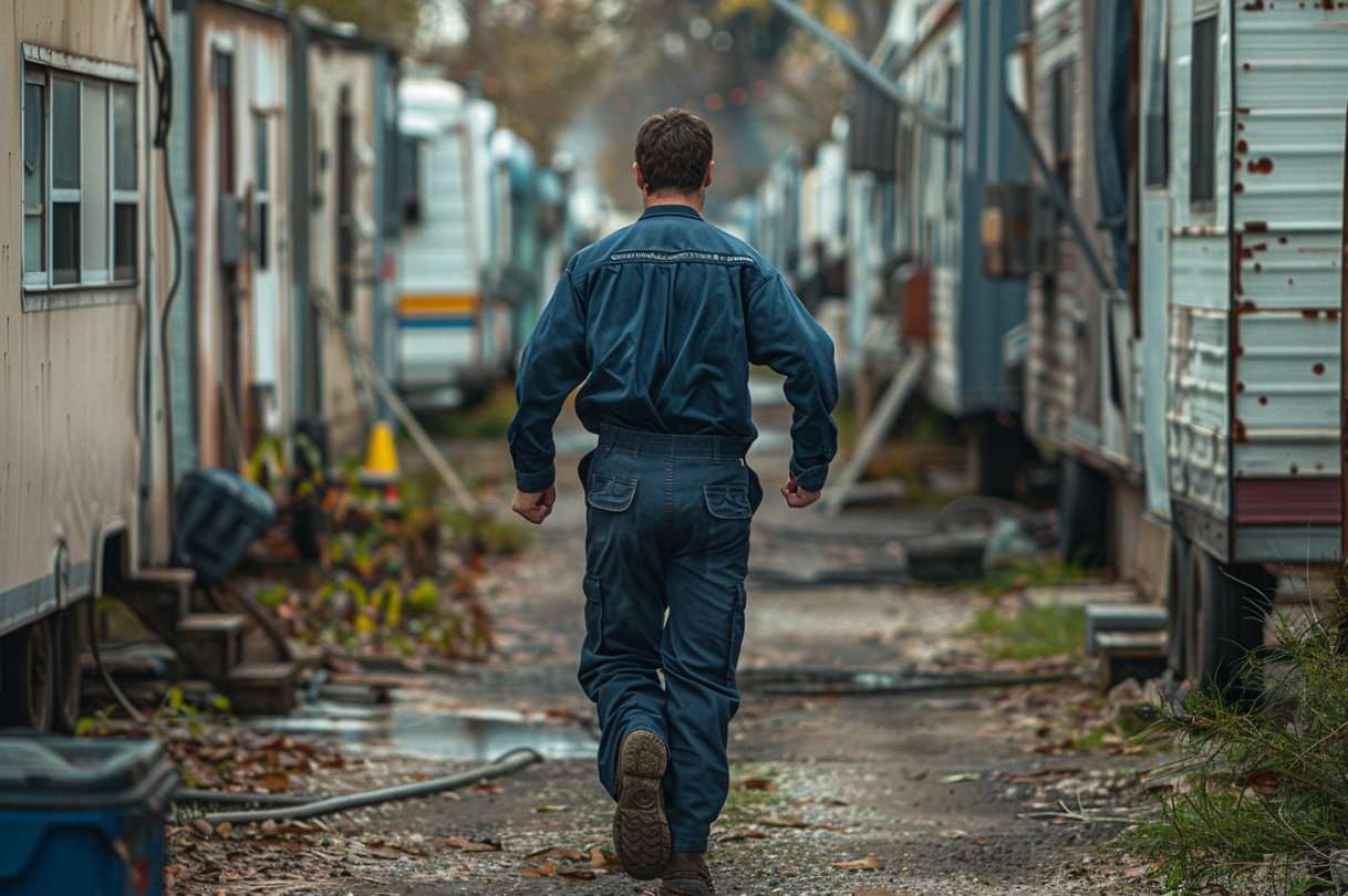 A man running through a trailer park | Source: Midjourney