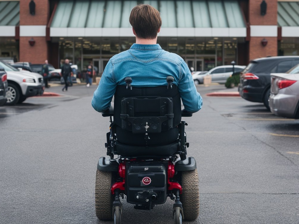 A man motors his wheelchair across a parking lot | Source: Midjourney