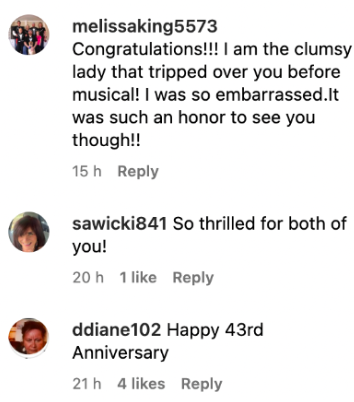 A screenshot of three comments congratulating the happy couple on their 43rd anniversary, including the fan-girl comment about Thomas posted on Instagram on May 22, 2023 | Source: Instagram.com/@marlothomas