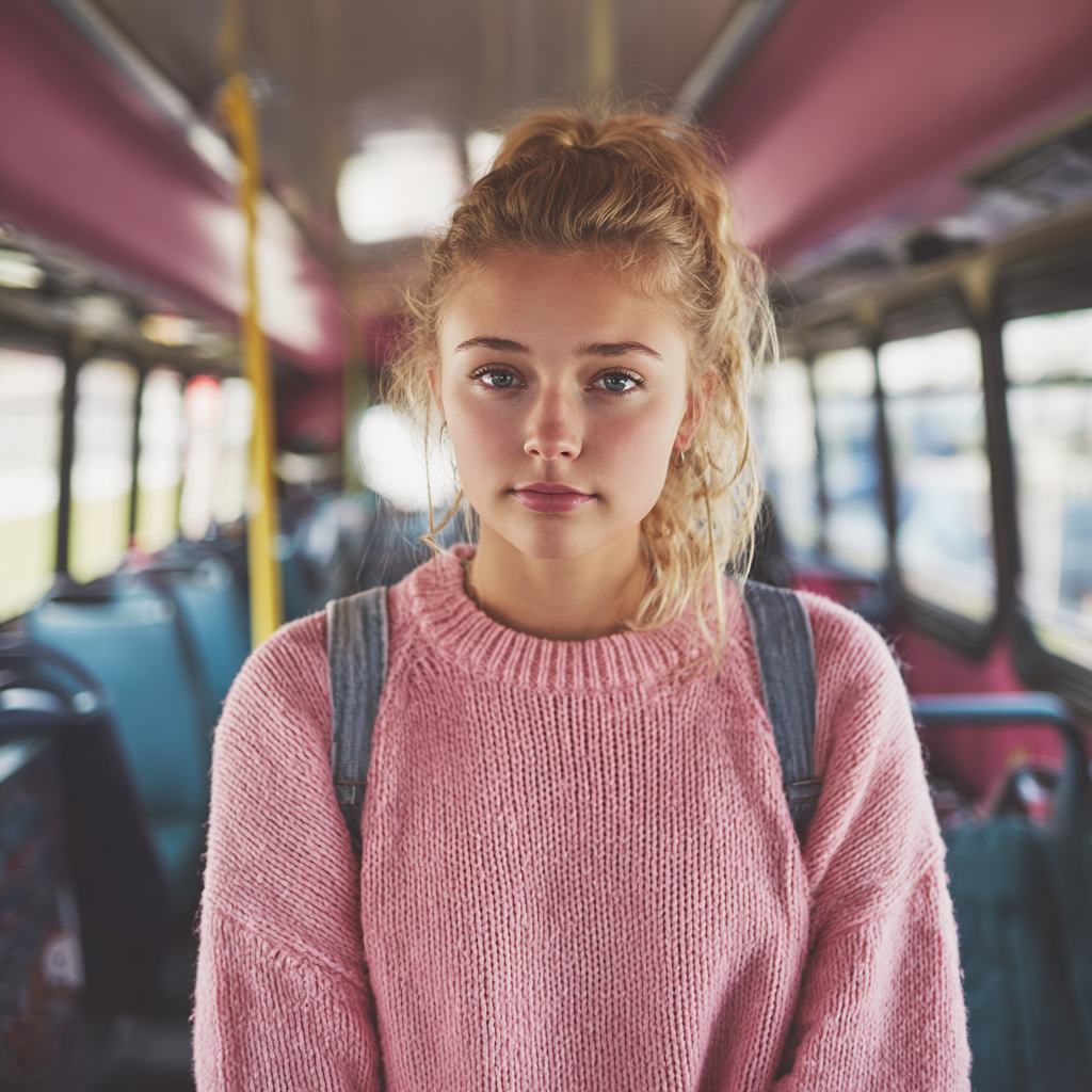 A smiling teenage girl wearing a pink sweater | Source: Midjourney