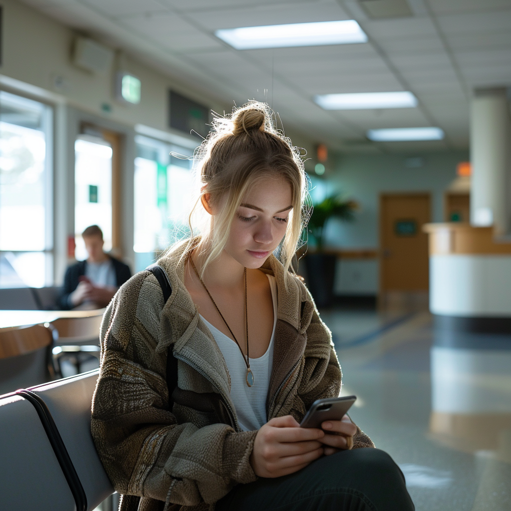 A woman using her phone while sitting in a hospital waiting area | Source: Midjourney