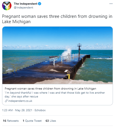 A tweet about a pregnant woman, who saved children from drowning. | Photo: Twitter/Independent