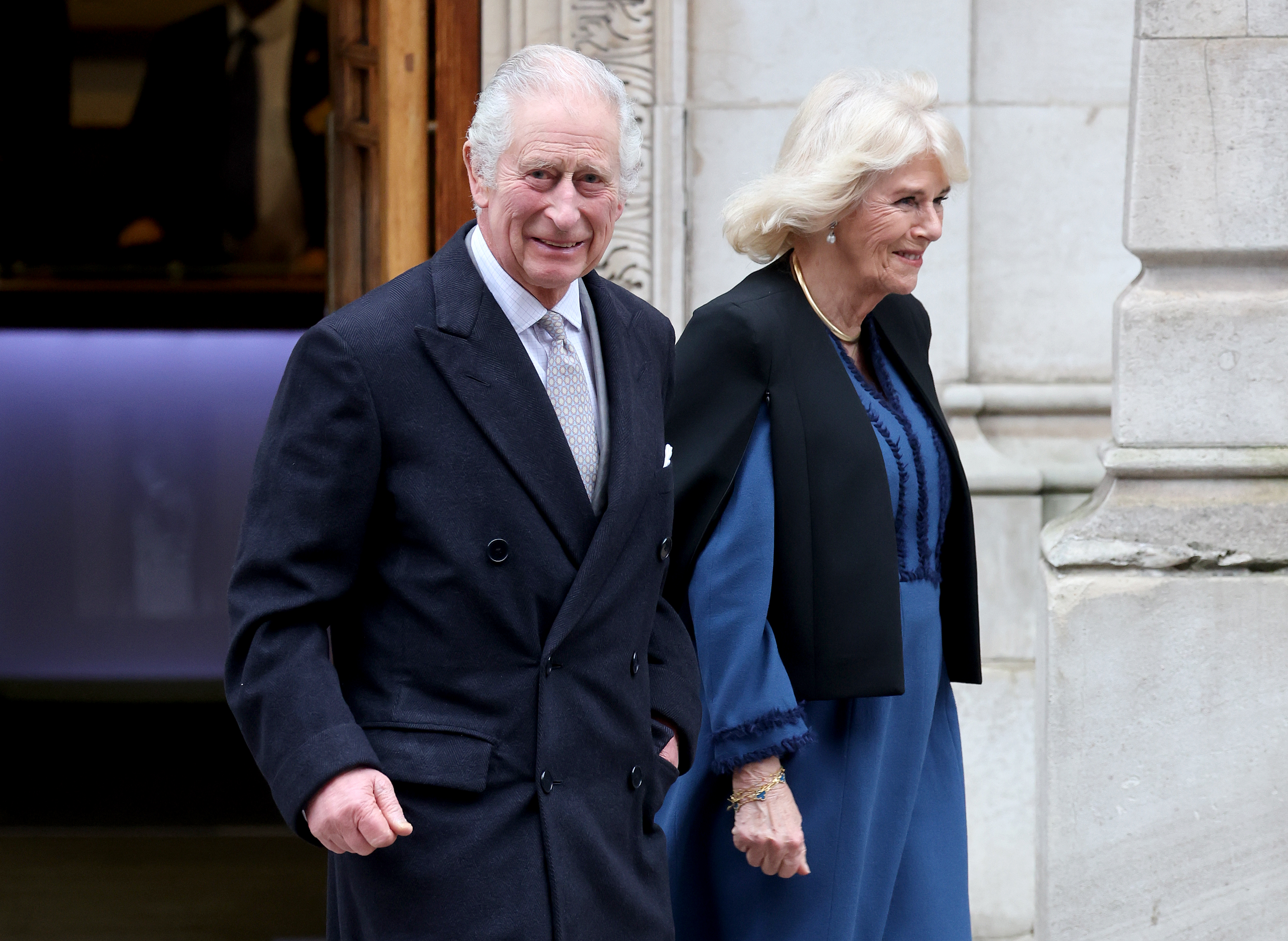 King Charles III leaves The London Clinic with Queen Camilla on January 29, 2024 in London, England | Source: Getty Images