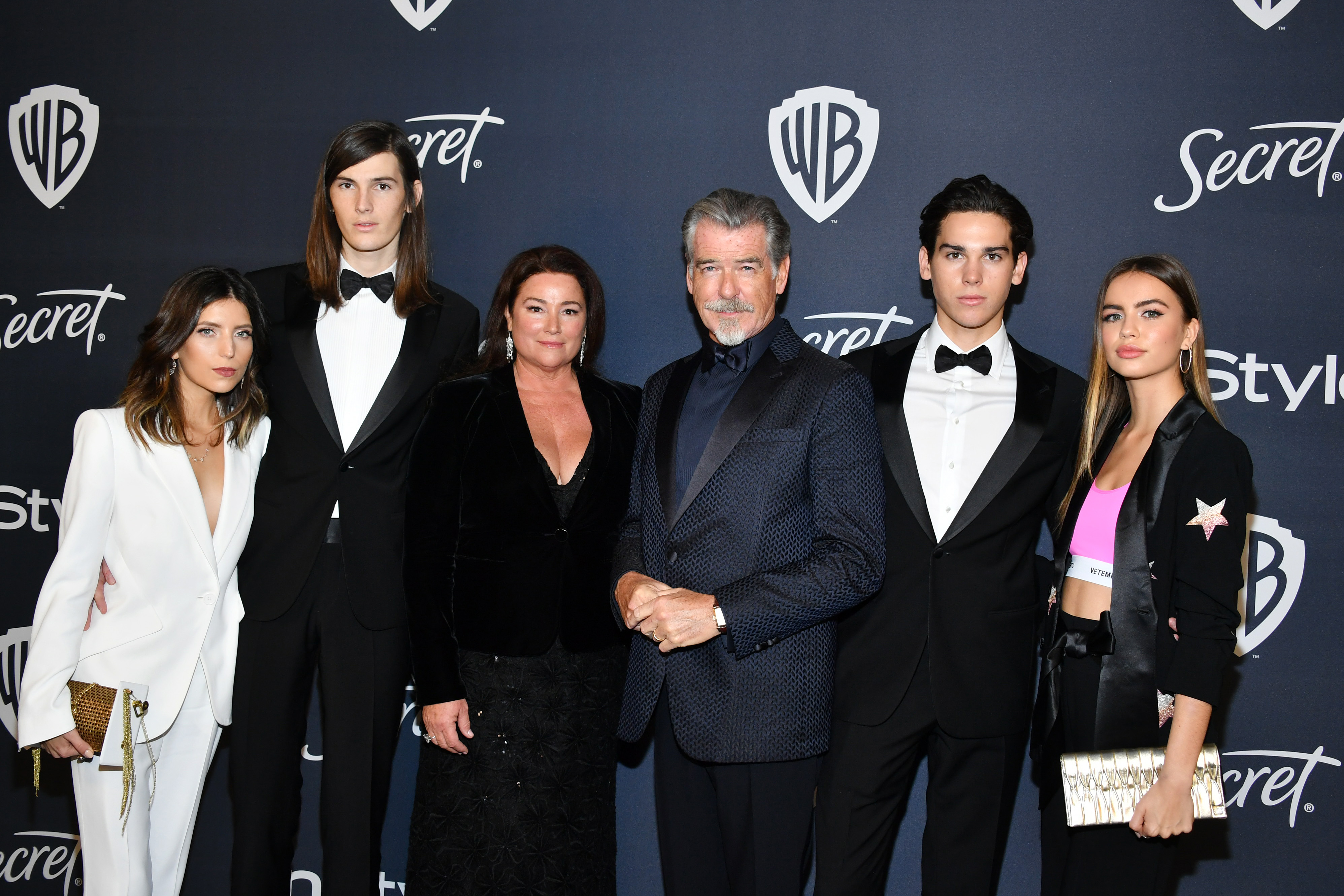 Dylan Brosnan, Keely Shaye Brosnan, Pierce Brosnan, Paris Brosnan, and two guests at the 21st Annual Warner Bros. And InStyle Golden Globe After Party held at The Beverly Hilton Hotel in Beverly Hills, California, on January 05, 2020. | Source: Getty Images