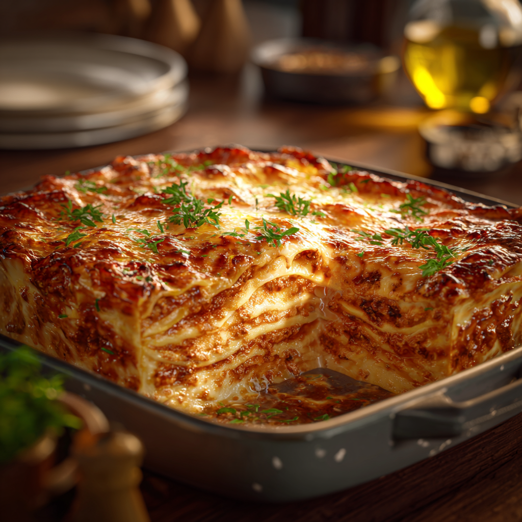 Close-up shot of lasagna served on a table | Source: Midjourney