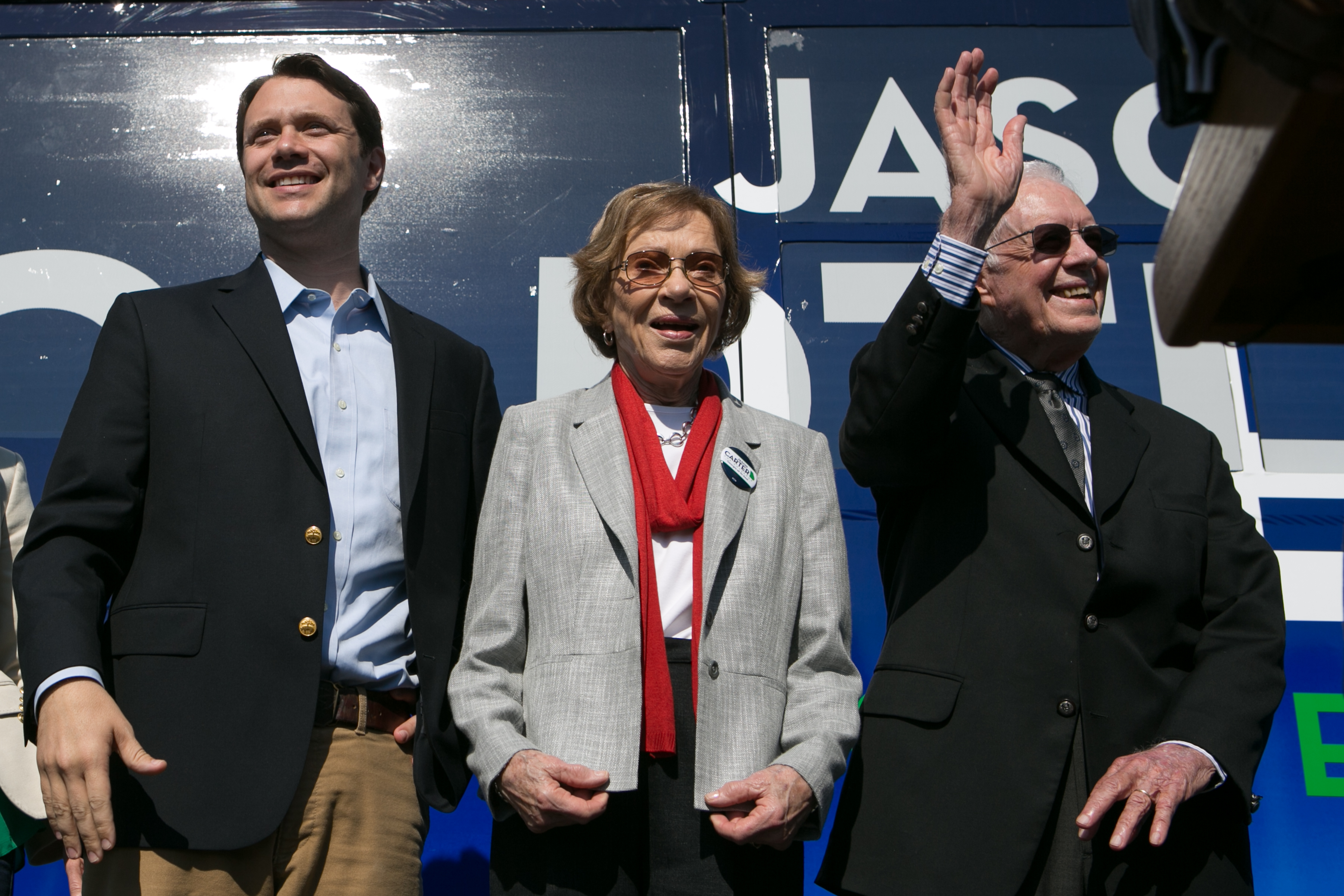 Jimmy Carter, Rosalynn Carter, and grandson Jason Carter at Emmanuel Christian Community Church on October 27, 2014 in Columbus, Georgia | Source: Getty Images