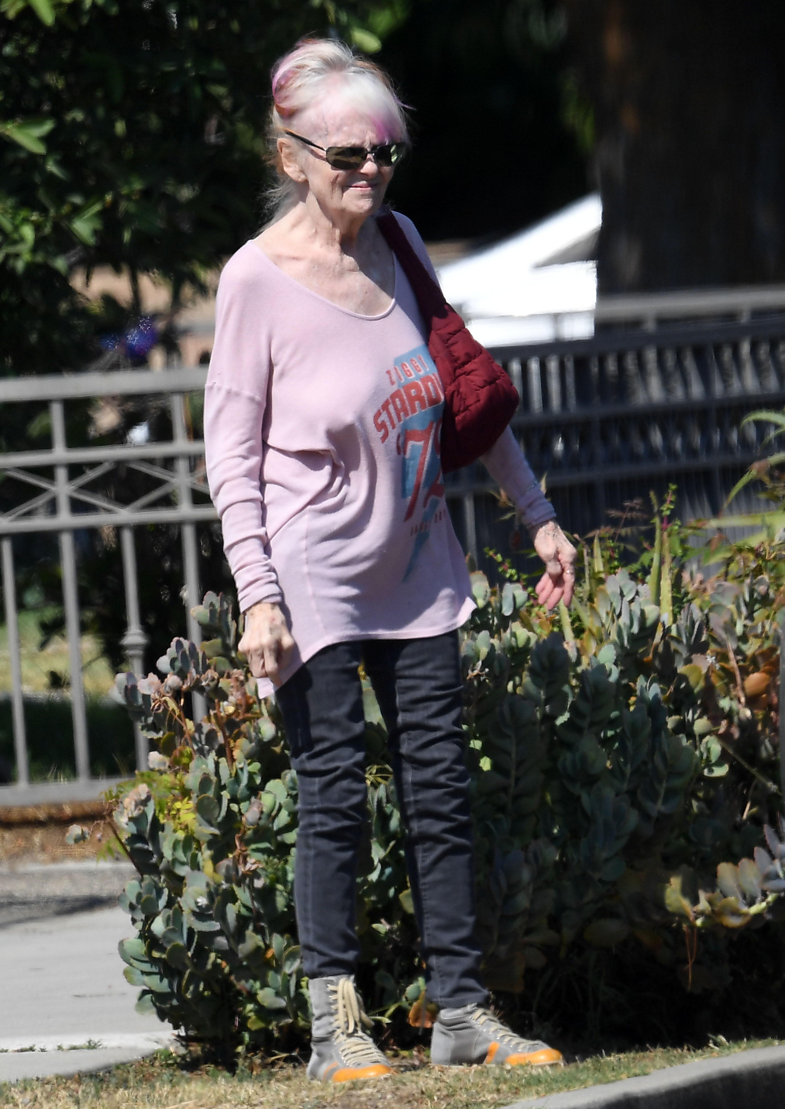 Shelley Fabares walks through Los Angeles wearing sunglasses and a pink graphic top on July 18, 2025. | Source: Getty Images