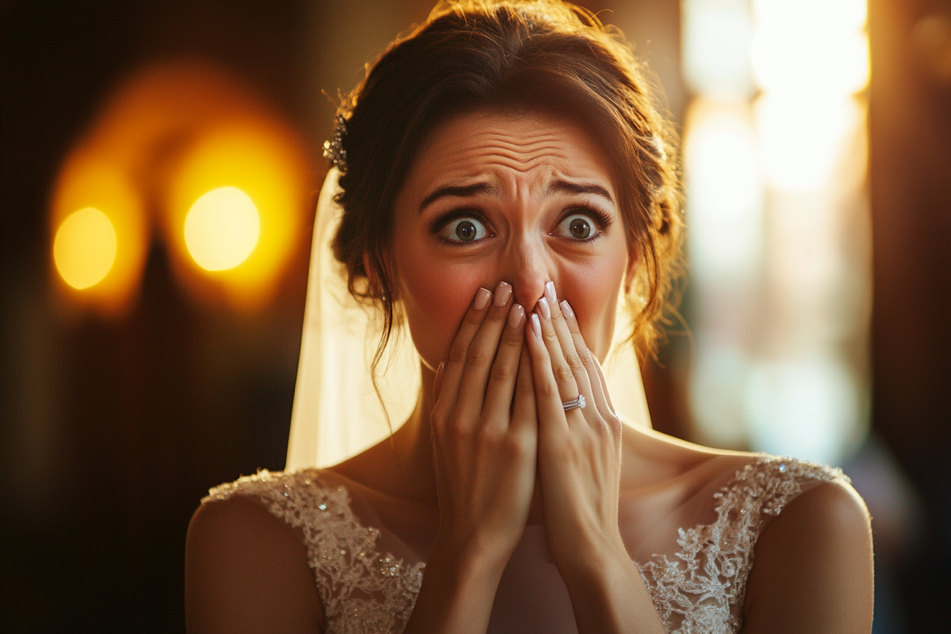 A startled bride covering her mouth | Source: Midjourney