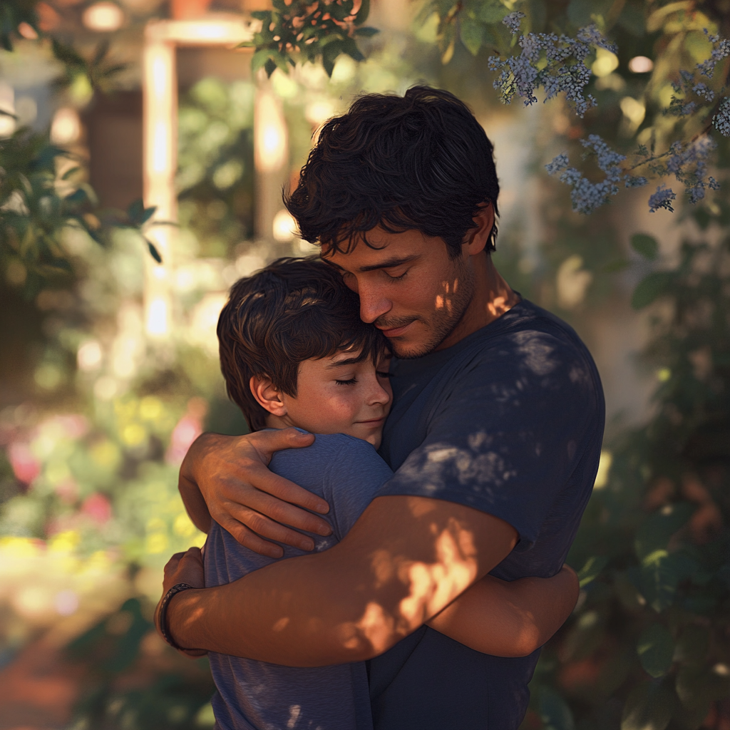 A man hugging his son | Source: Midjourney