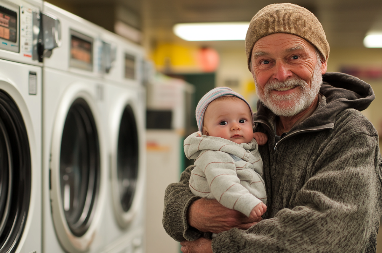 A man in a laundromat holding a baby | Source: Midjourney