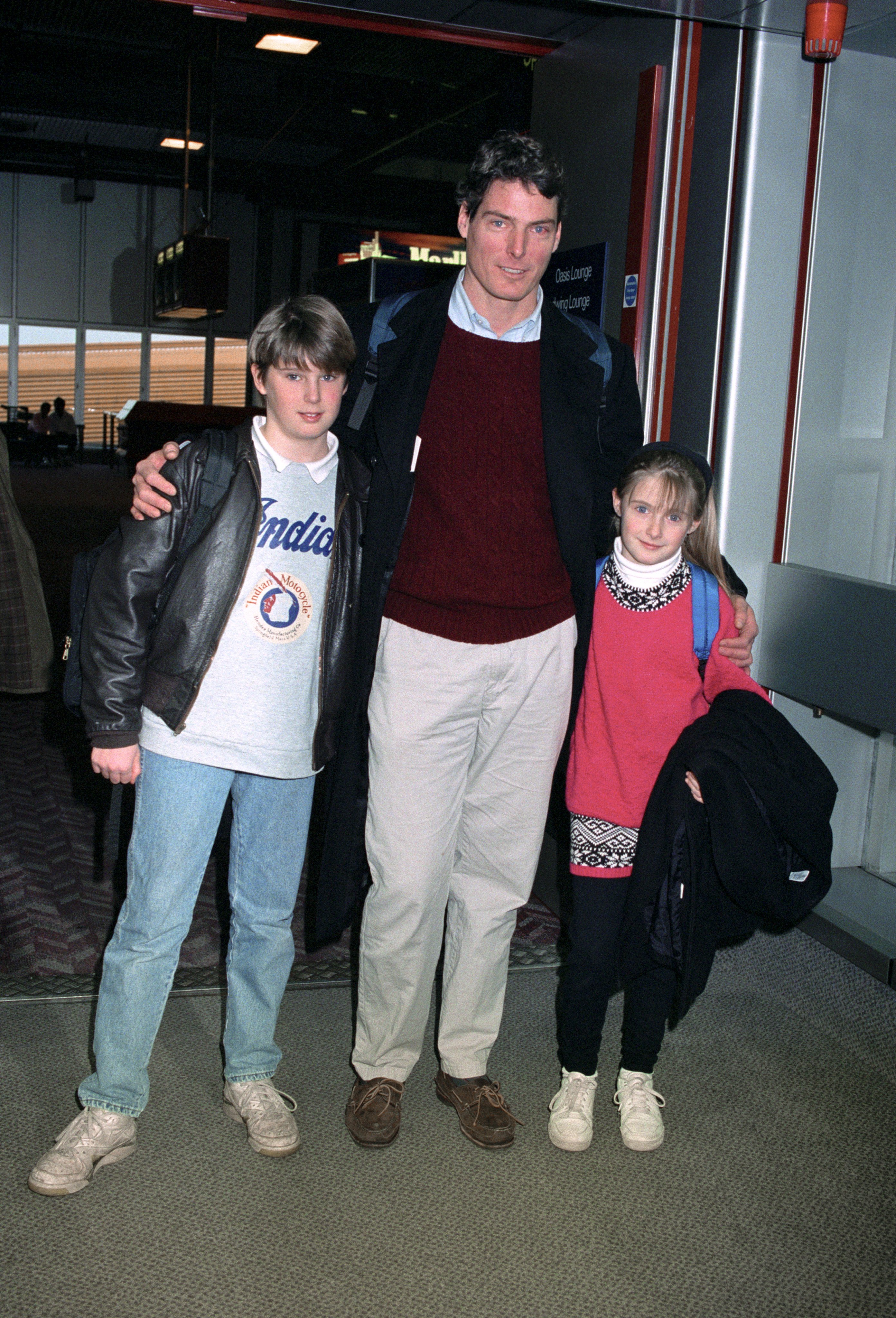 Christopher Reeve, Matthew Reeve, and Alexandra Reeve at Heathrow Airport | Source: Getty Images