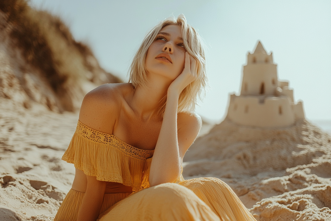 A woman looking up from her spot on a sandy beach | Source: Midjourney