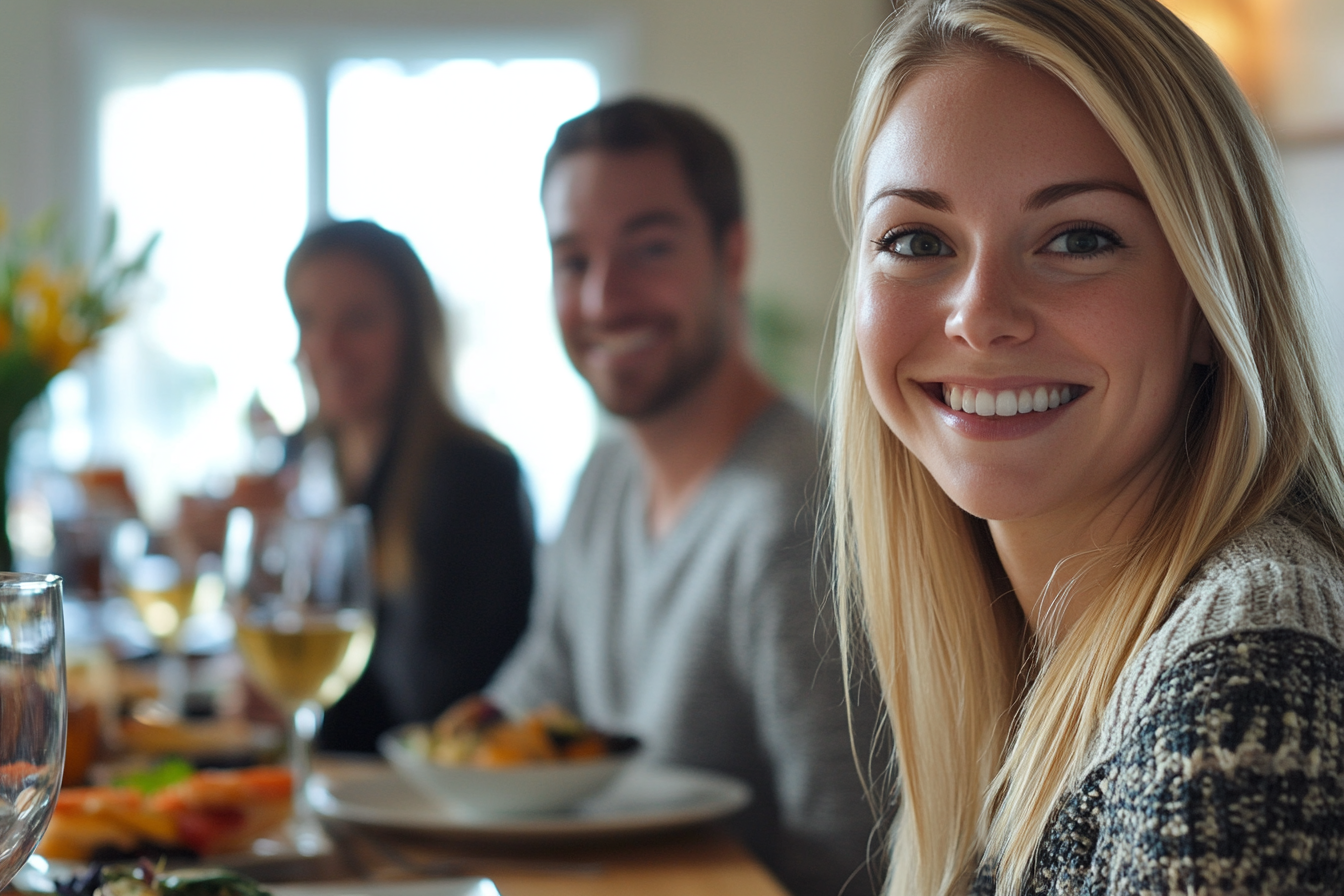 A woman smiling during dinner | Source: Midjourney