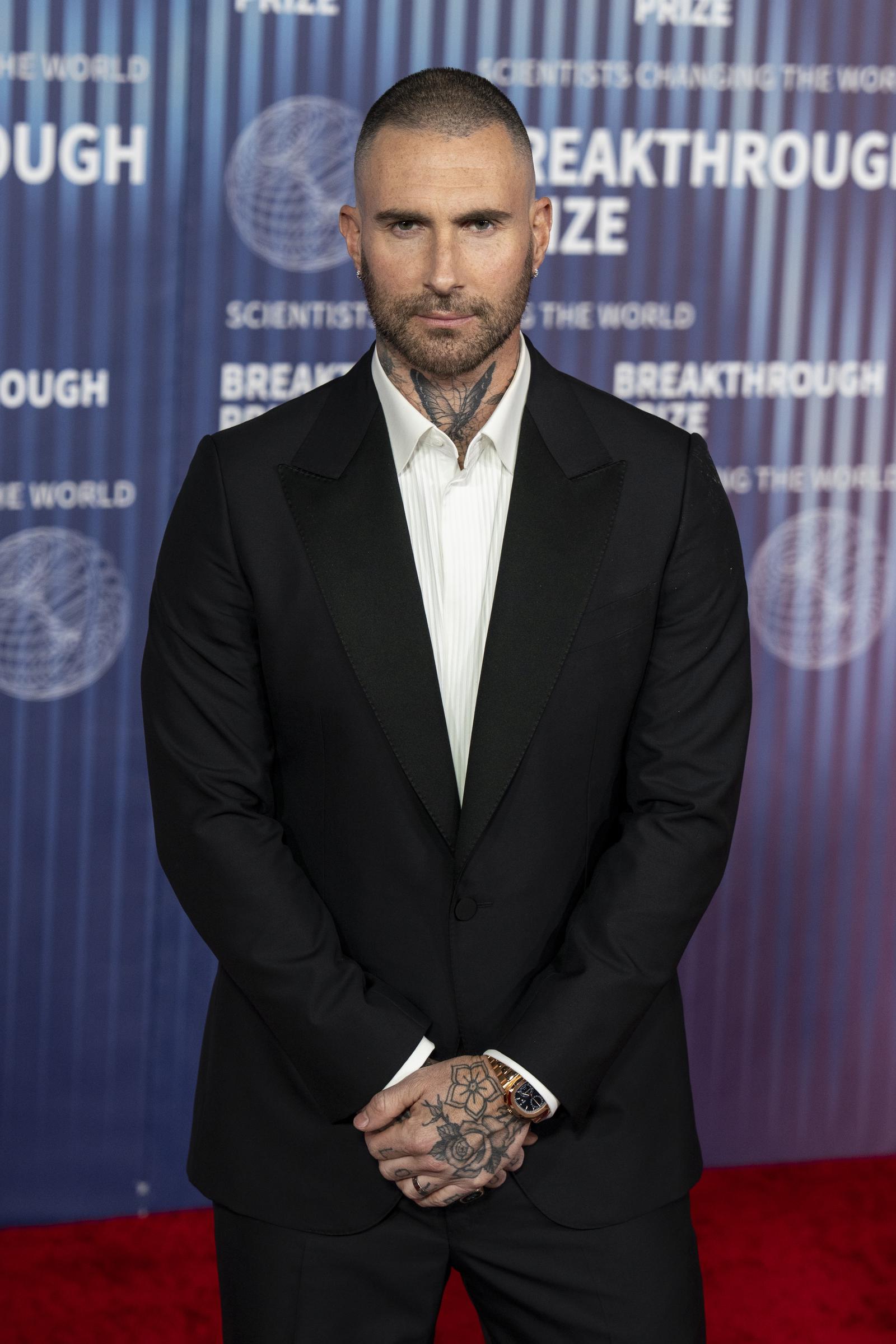 Adam Levine arrives at the Breakthrough Prize Ceremony at Academy Museum of Motion Pictures on April 13, 2024, in Los Angeles, California.