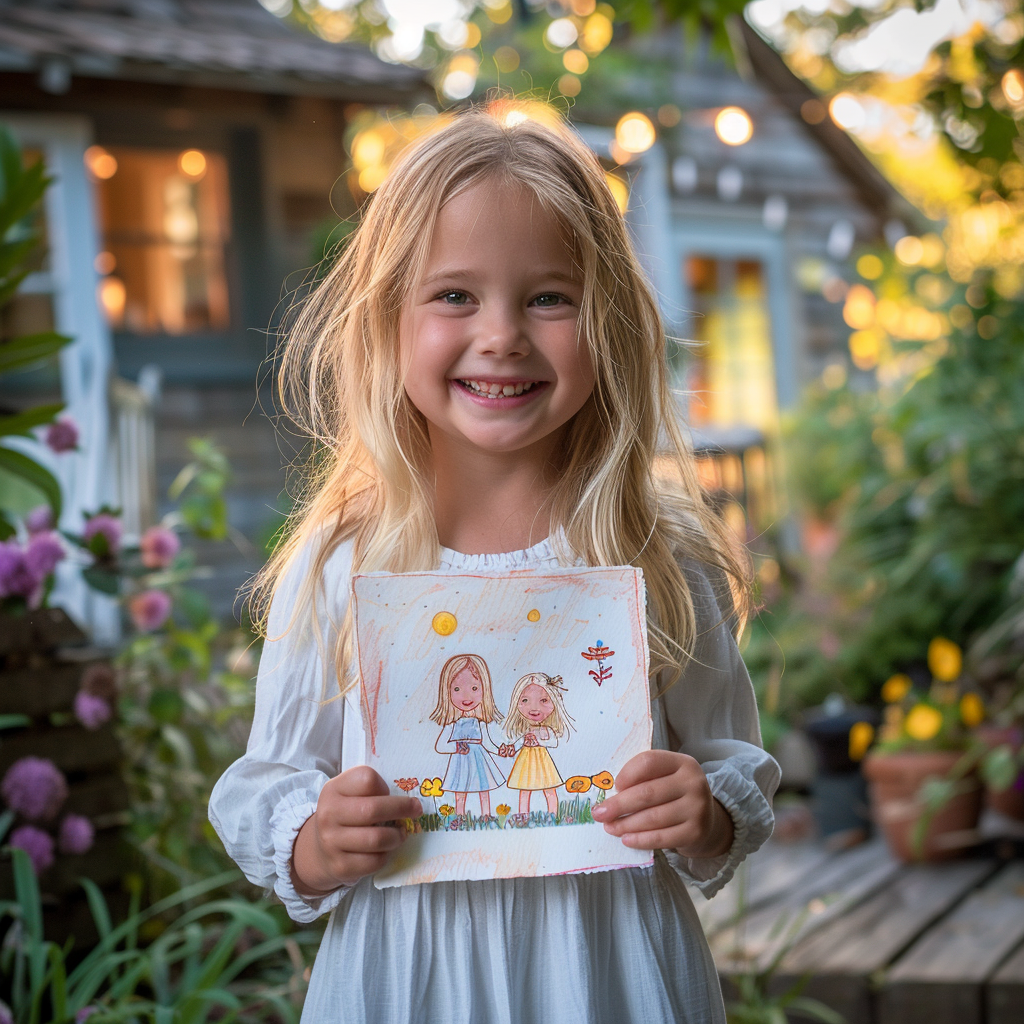 A little girl smiling while holding a drawing | Source: Midjourney