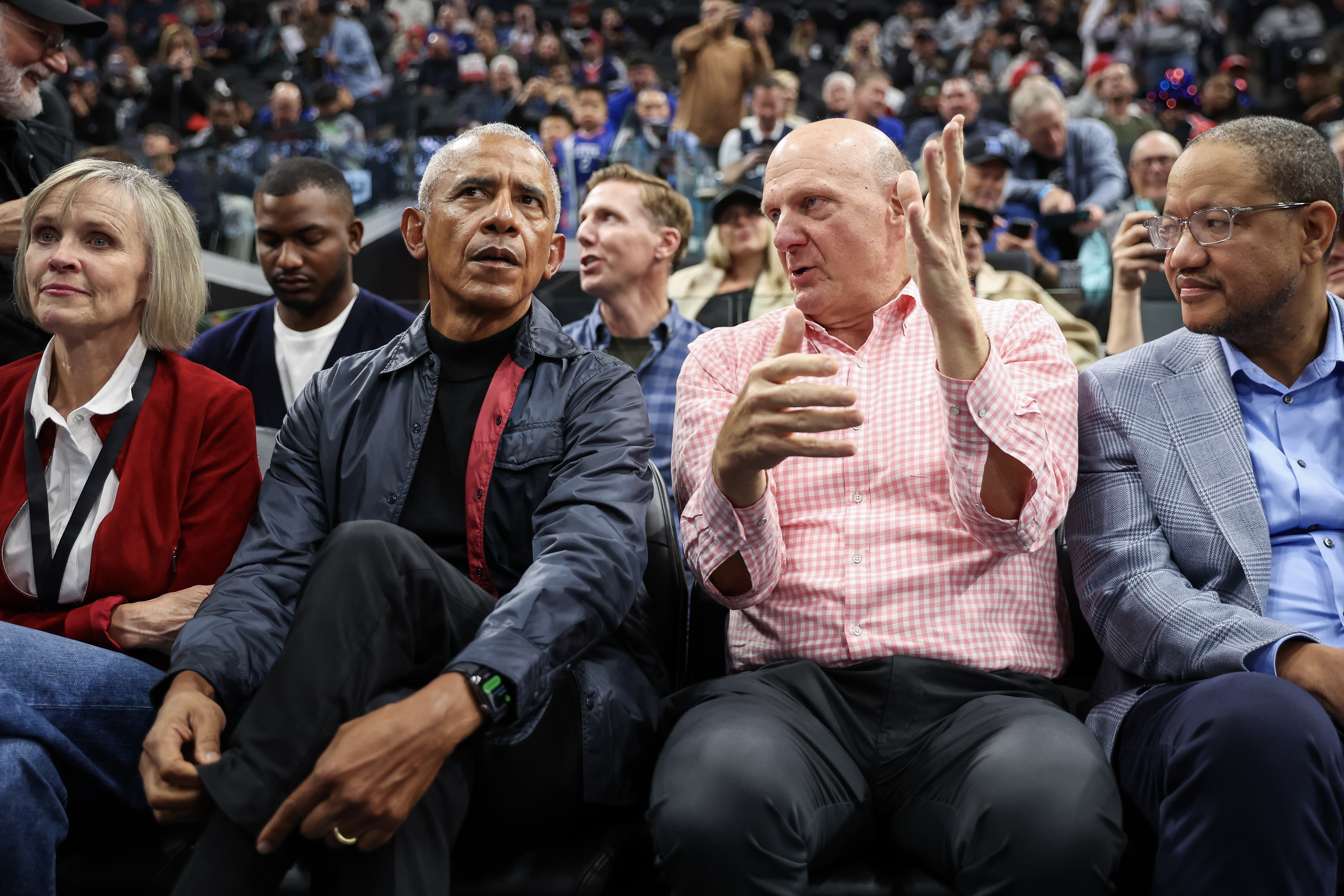 Connie Snyder, Barack Obama, and Steve Ballmer pictured during a basketball game on March 5, 2025, in Inglewood, California. | Source: Getty Images