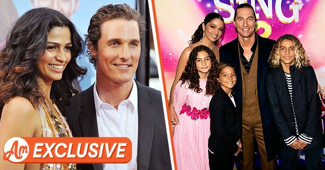Camila Alves McConaughey and Matthew McConaughey on April 27, 2009 in Hollywood, California [left] | Alves, McConaughey and their three children from a December 2021 Instagram post [right[ | Source: Getty Images - Instagram.com/camilamcconaughey