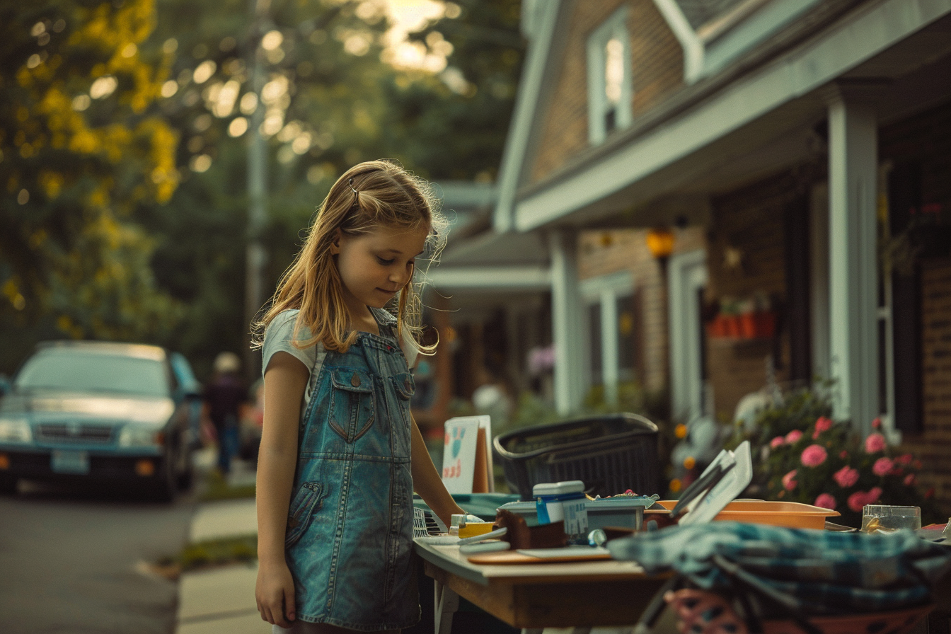 A young girl setting up a garage sale | Source: Midjourney