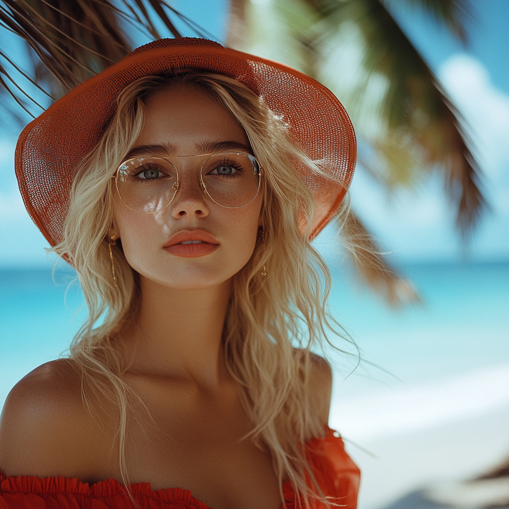 A serious blonde woman at a resort | Source: Midjourney