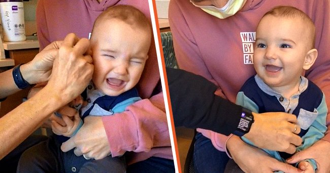 [Izquierda] El bebé llora cuando se activa su audífono. [Derecha] El bebé sonrie al escuchar la voz de sus padres por primera vez. | Foto: tiktok.com/haleymariamiller