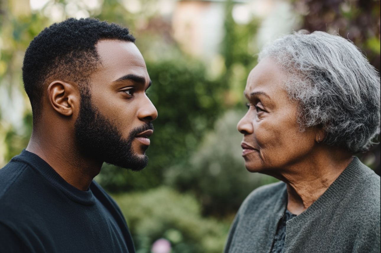 Um homem olhando para sua mãe | Fonte: Midjourney