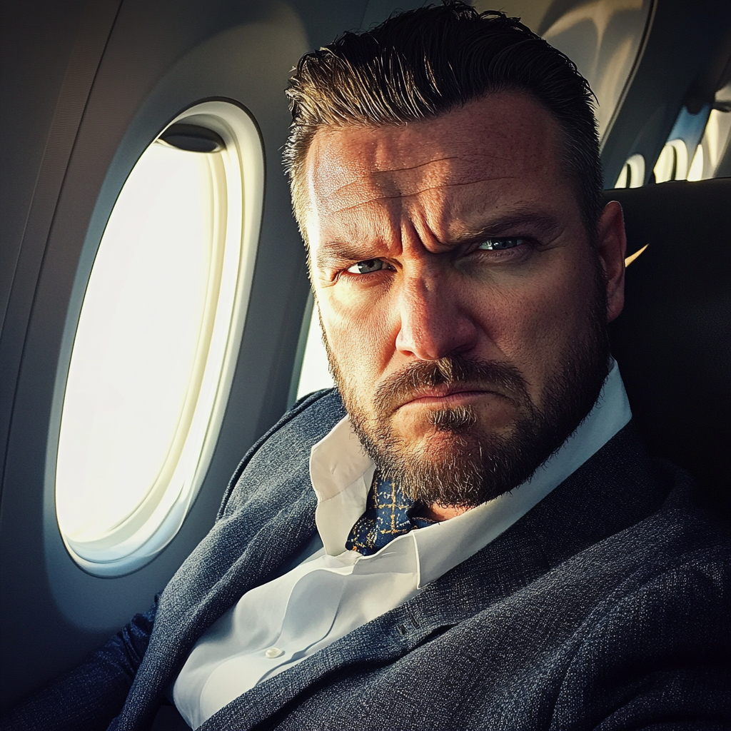 An angry man sitting in an airplane | Source: Midjourney