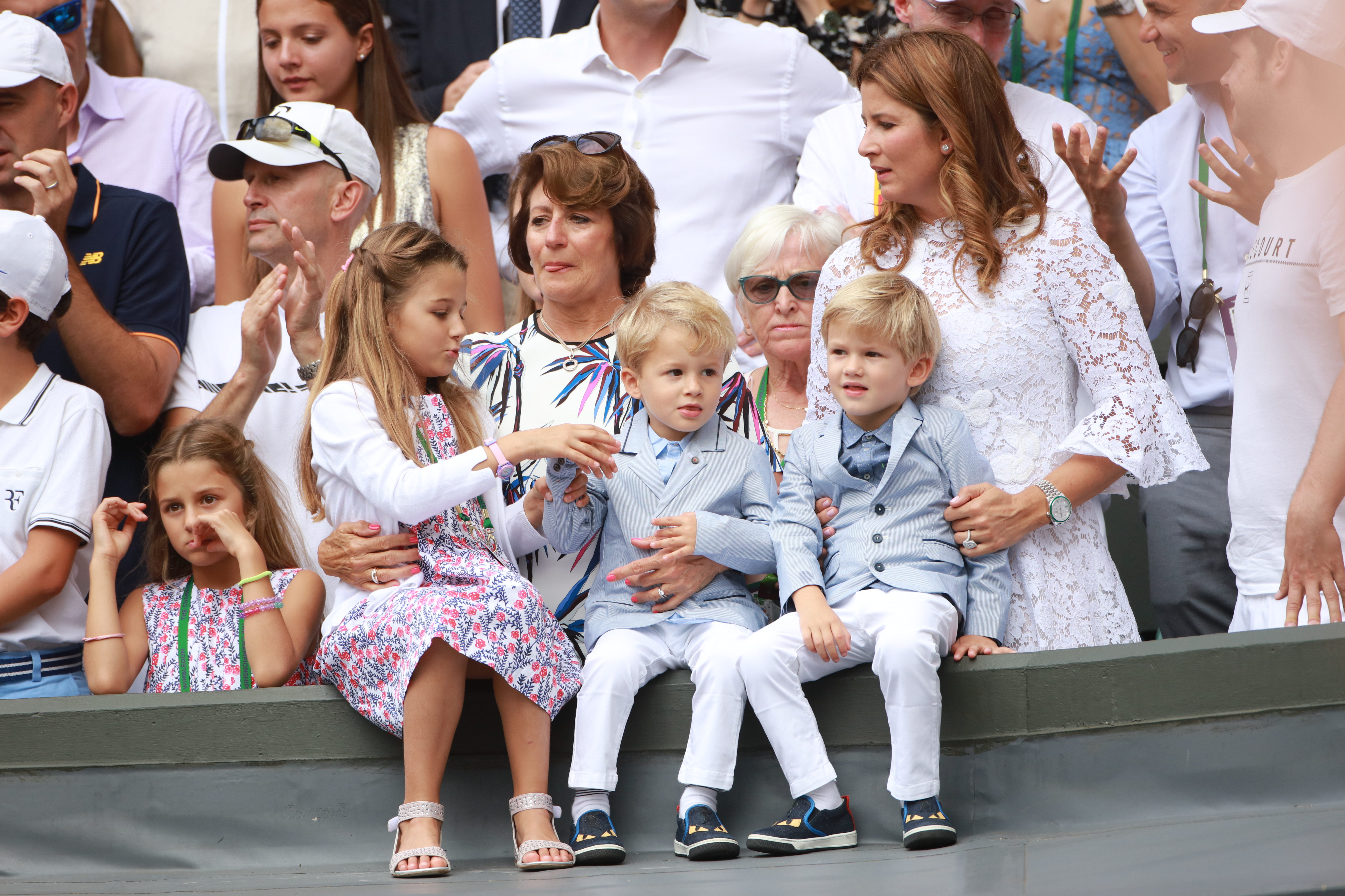 Mirka Federer with her twin daughters Myla Rose and Charlene Riva and twin sons Leo and Lennert, at the Wimbledon Lawn Tennis Championships on July 16, 2017, in London, England. | Source: Getty Images