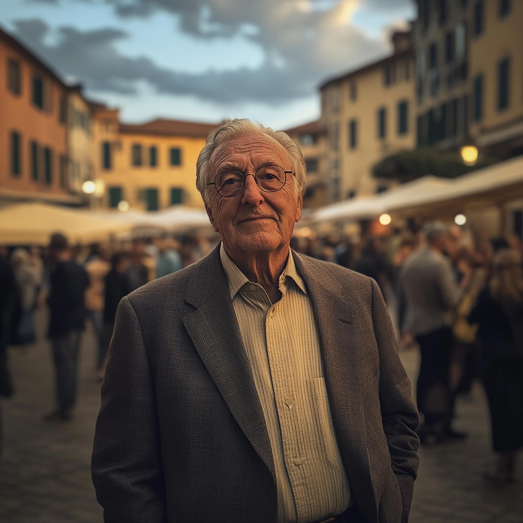 An older man standing in a town square | Source: Midjourney